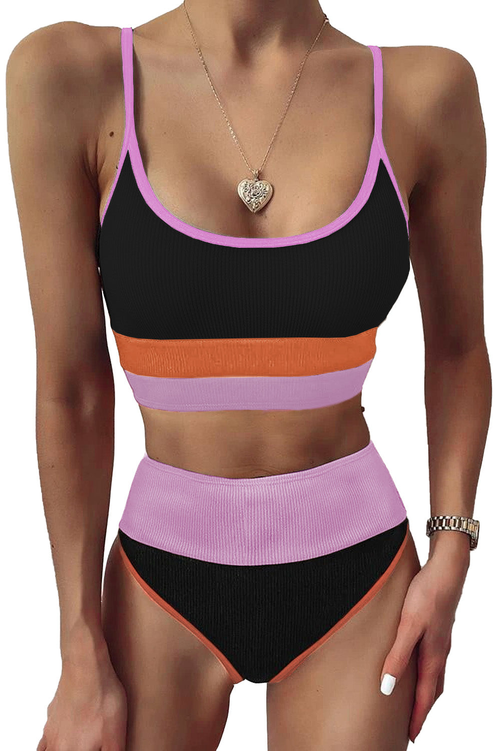 Black White/Black/Pink/Apricot Spaghetti Straps Colorblock Ribbed High Waist Bikini LC43339-2