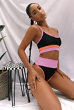 Black White/Black/Pink/Apricot Spaghetti Straps Colorblock Ribbed High Waist Bikini LC43339-2