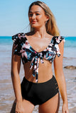 Floral Print Ruffled Tie Front Top with High Waist Hollow Out Shorts Bikini Swimsuit