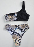Black Women's Bikinis Animal Print One Shoulder Criss Cross Bikinis LC431593-2