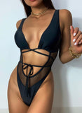 Black Women's Swimsuits Mesh Hollow Lace Tied 1 Piece Swimsuit LC441394-2