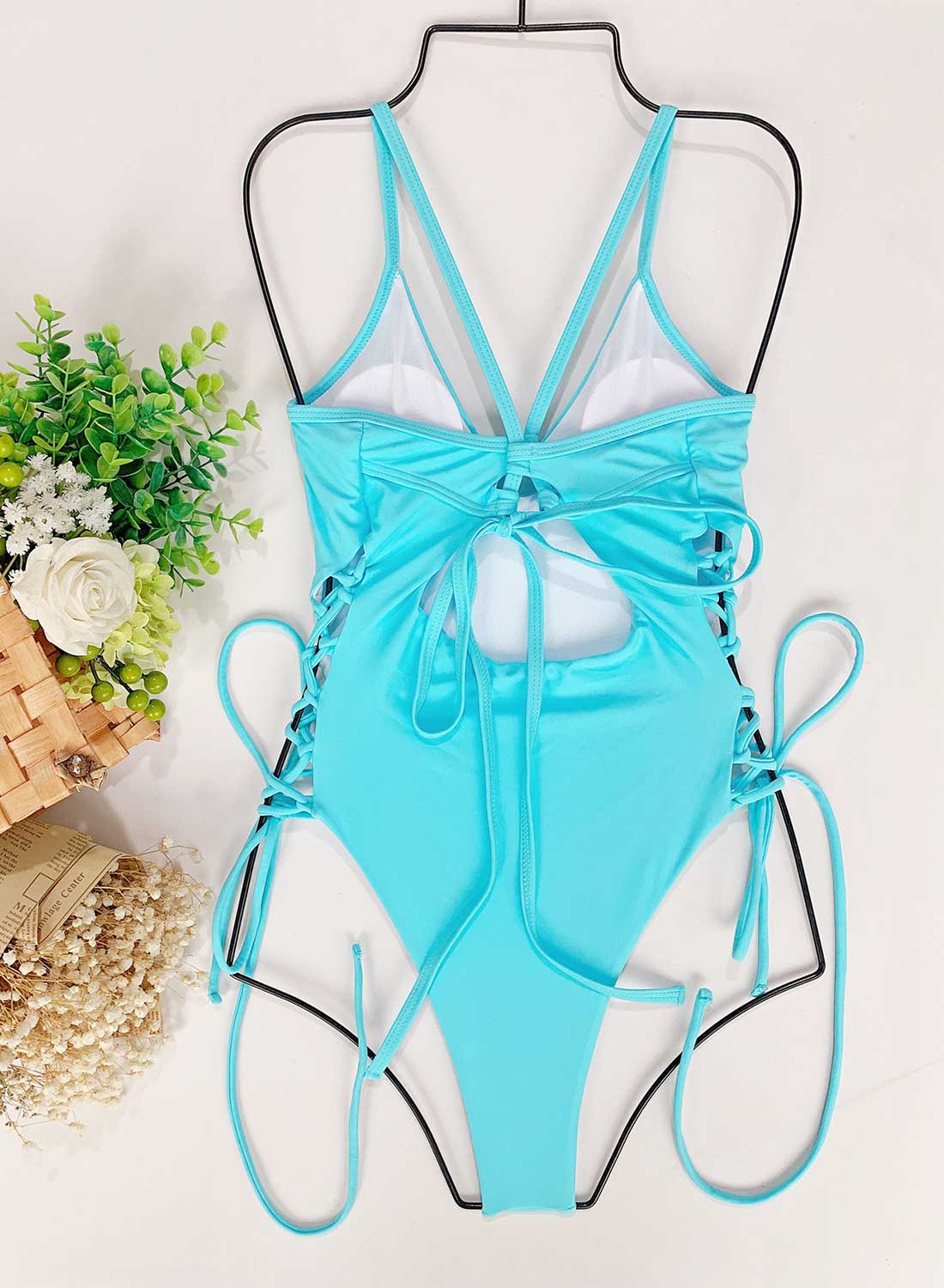 Sky Blue Women's Swimsuits Solid Push-up Hollow Halter Strappy One-piece Swimsuits LC441411-4