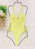 Yellow Women's Swimsuits Solid Push-up Hollow Halter Strappy One-piece Swimsuits LC441411-7