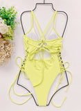 Yellow Women's Swimsuits Solid Push-up Hollow Halter Strappy One-piece Swimsuits LC441411-7