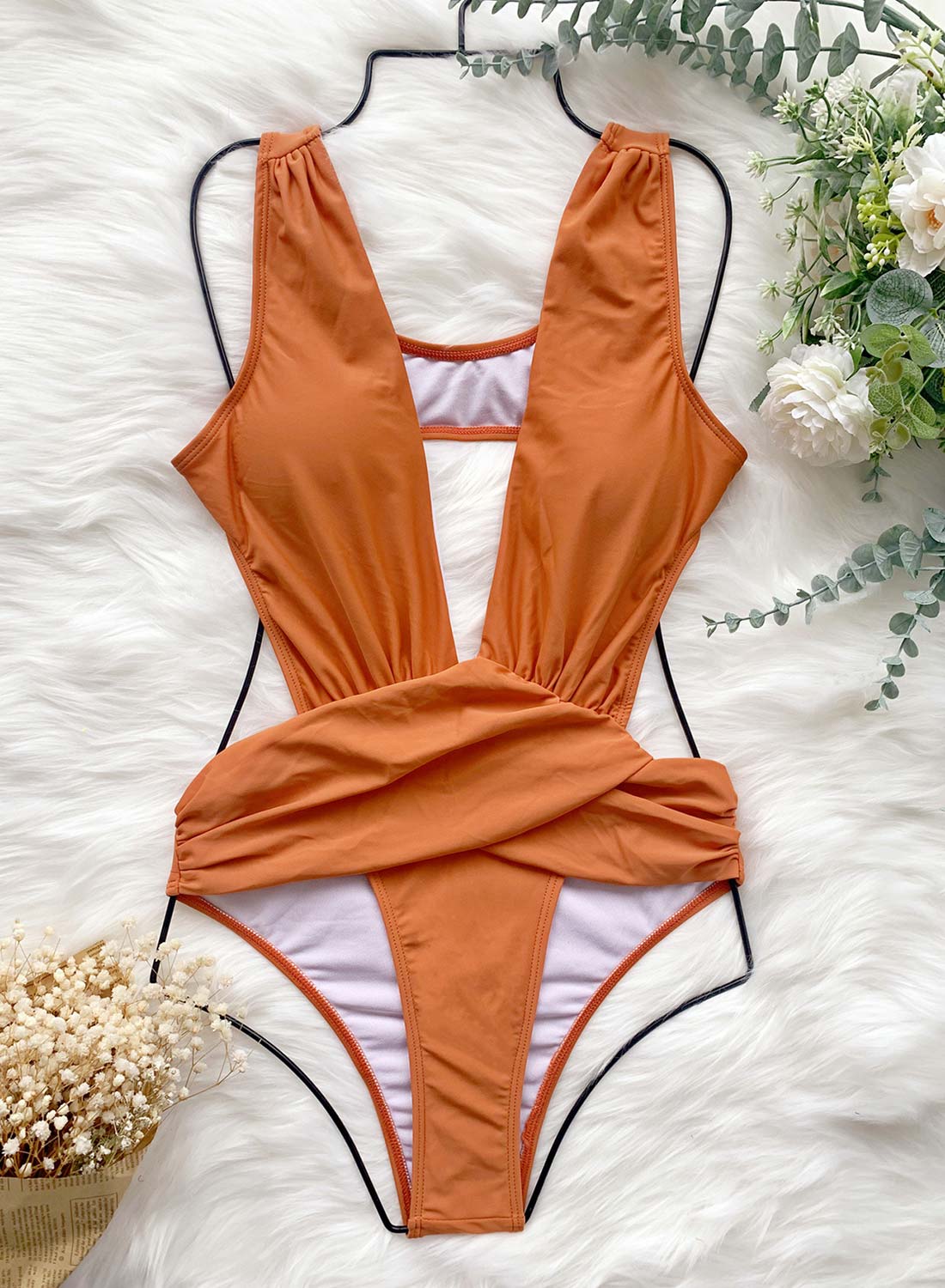 Khaki Women's Swimsuits Solid Cut-out One-piece Swimsuits LC441424-16