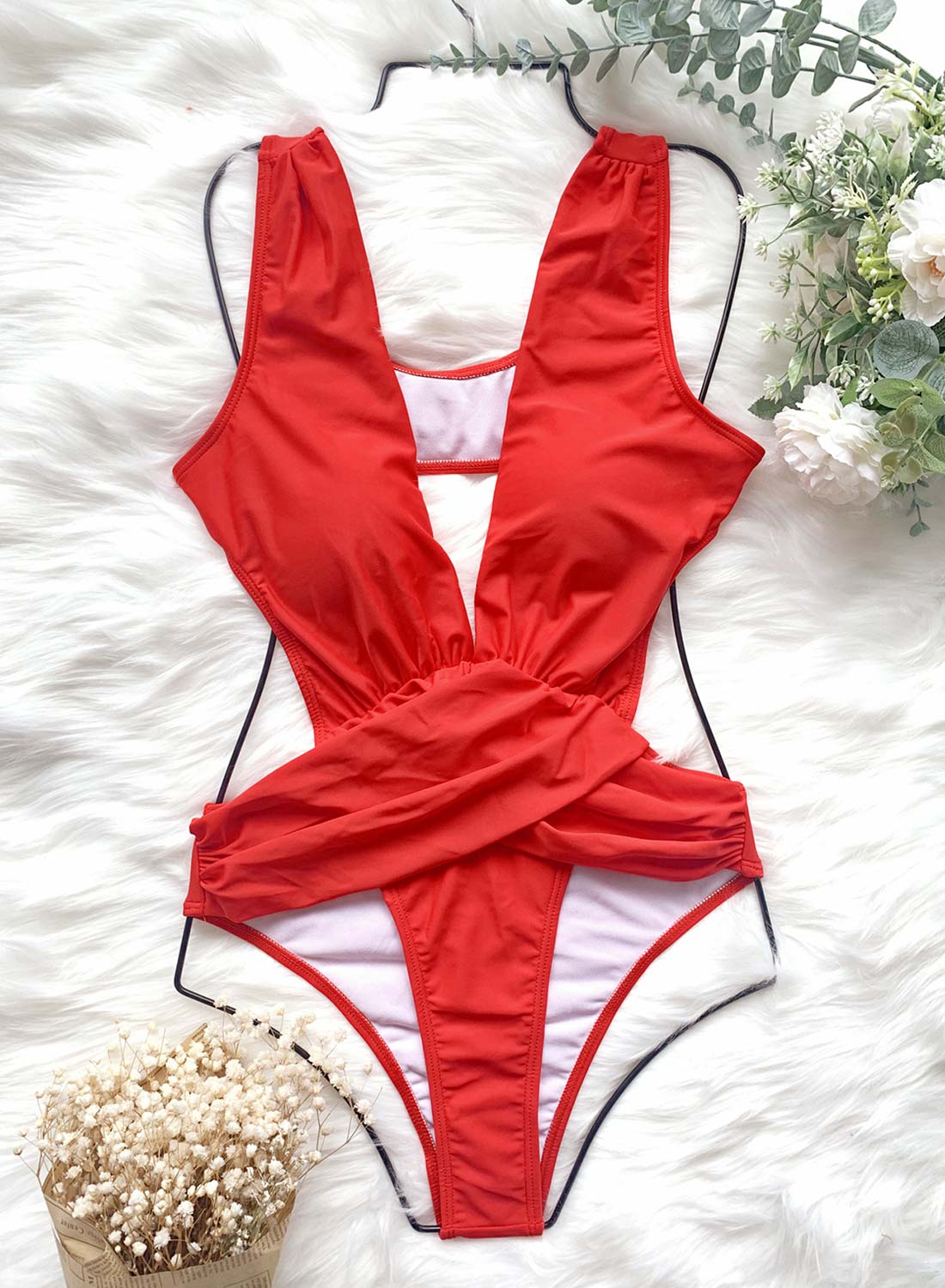 Red Women's Swimsuits Solid Cut-out One-piece Swimsuits LC441424-3
