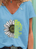 Sky Blue Women's T-shirts Sunflower Letter Print T-shirt LC2526418-4