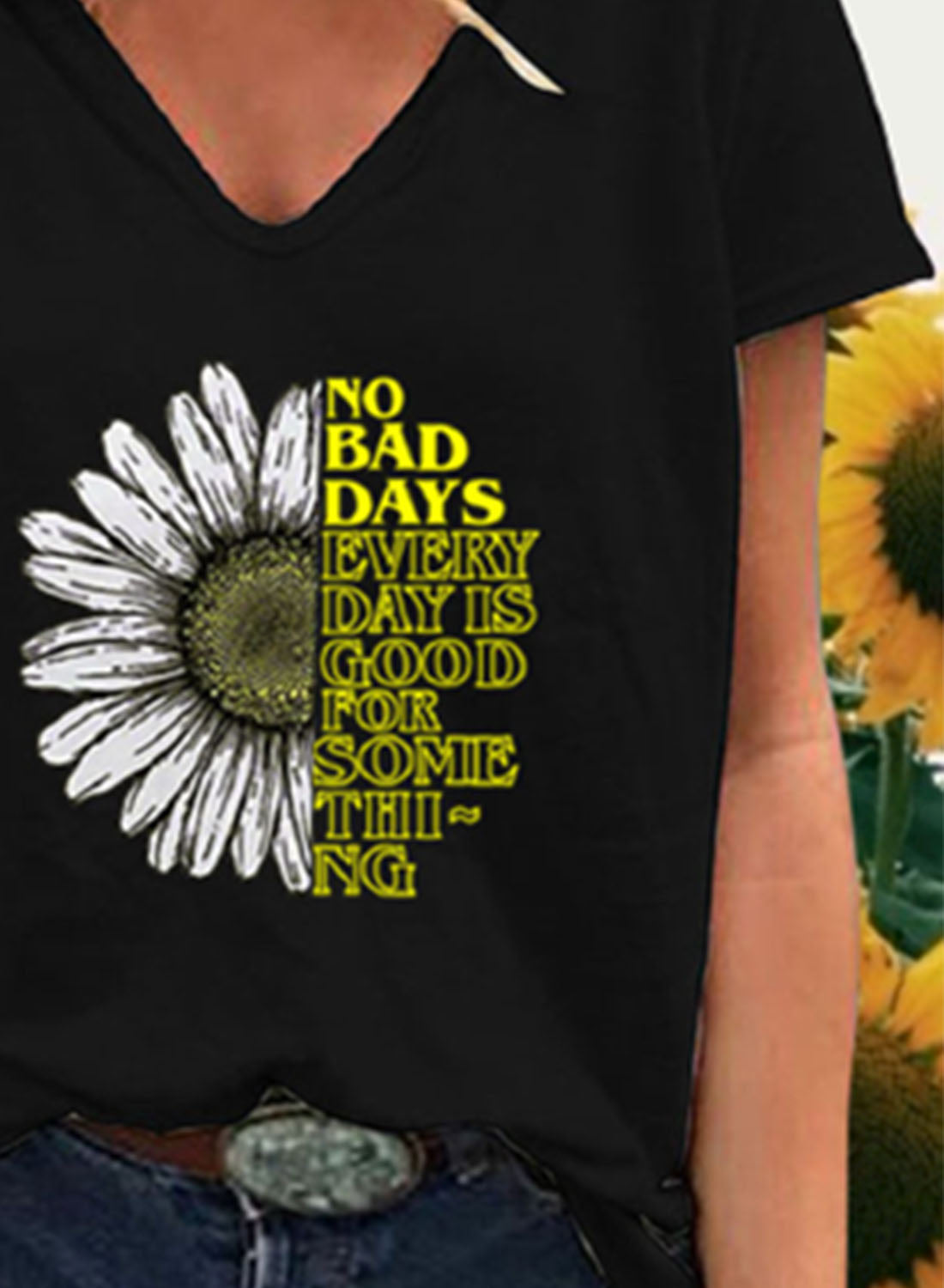 Black Women's T-shirts Sunflower Letter Print T-shirt LC2526418-2
