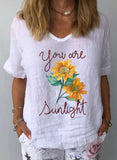 White Women's T-shirts Linen Sunflower Print T-shirt LC2526455-1