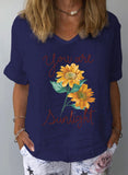 Blue Women's T-shirts Linen Sunflower Print T-shirt LC2526455-5