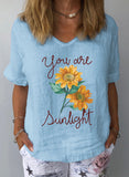 Sky Blue Women's T-shirts Linen Sunflower Print T-shirt LC2526455-4