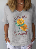 Gray Women's T-shirts Linen Sunflower Print T-shirt LC2526455-11