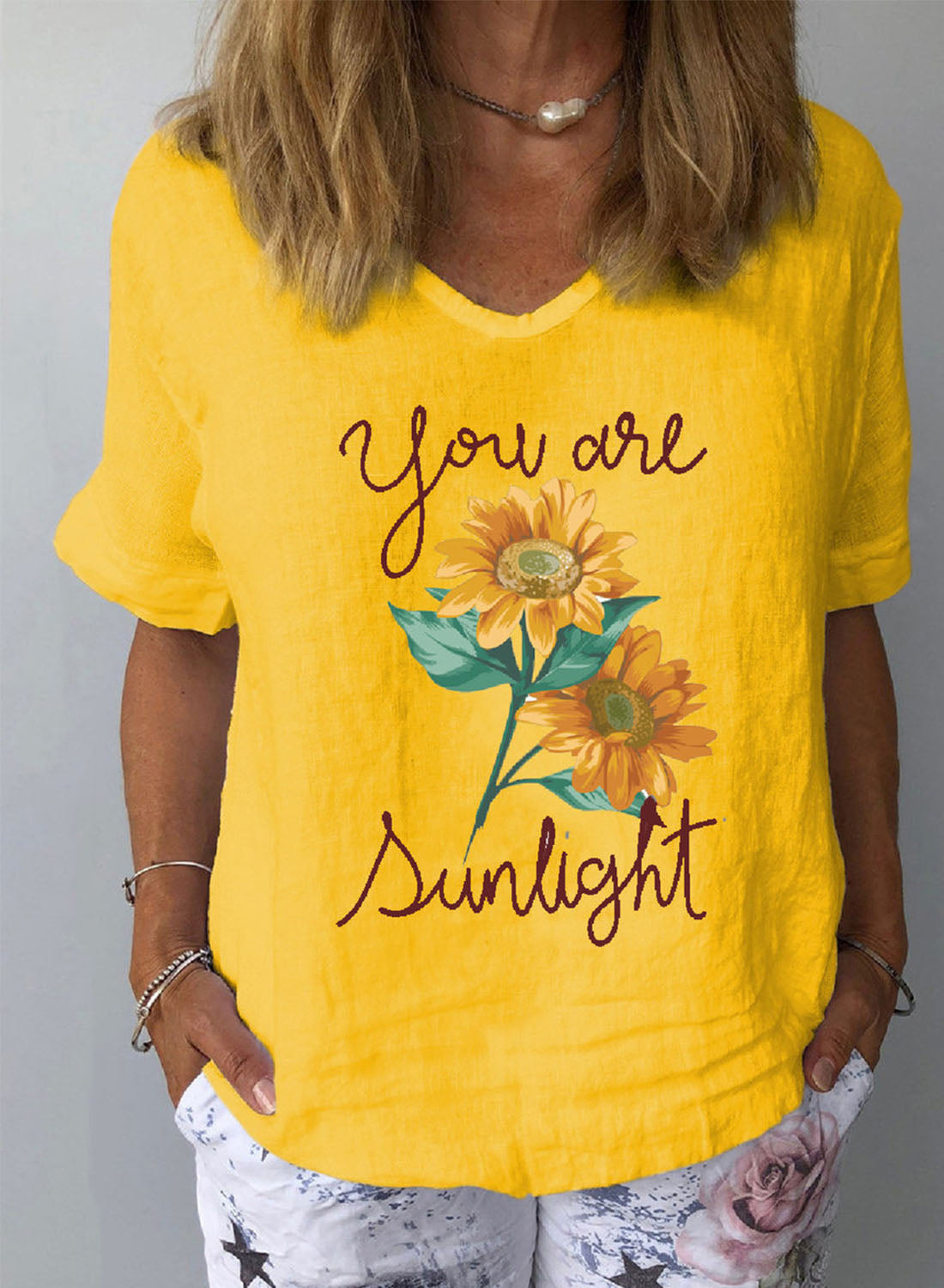 Yellow Women's T-shirts Linen Sunflower Print T-shirt LC2526455-7