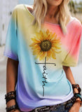 Pink Women's T-shirts Sunflower Print Gradient T-shirt LC2526473-10