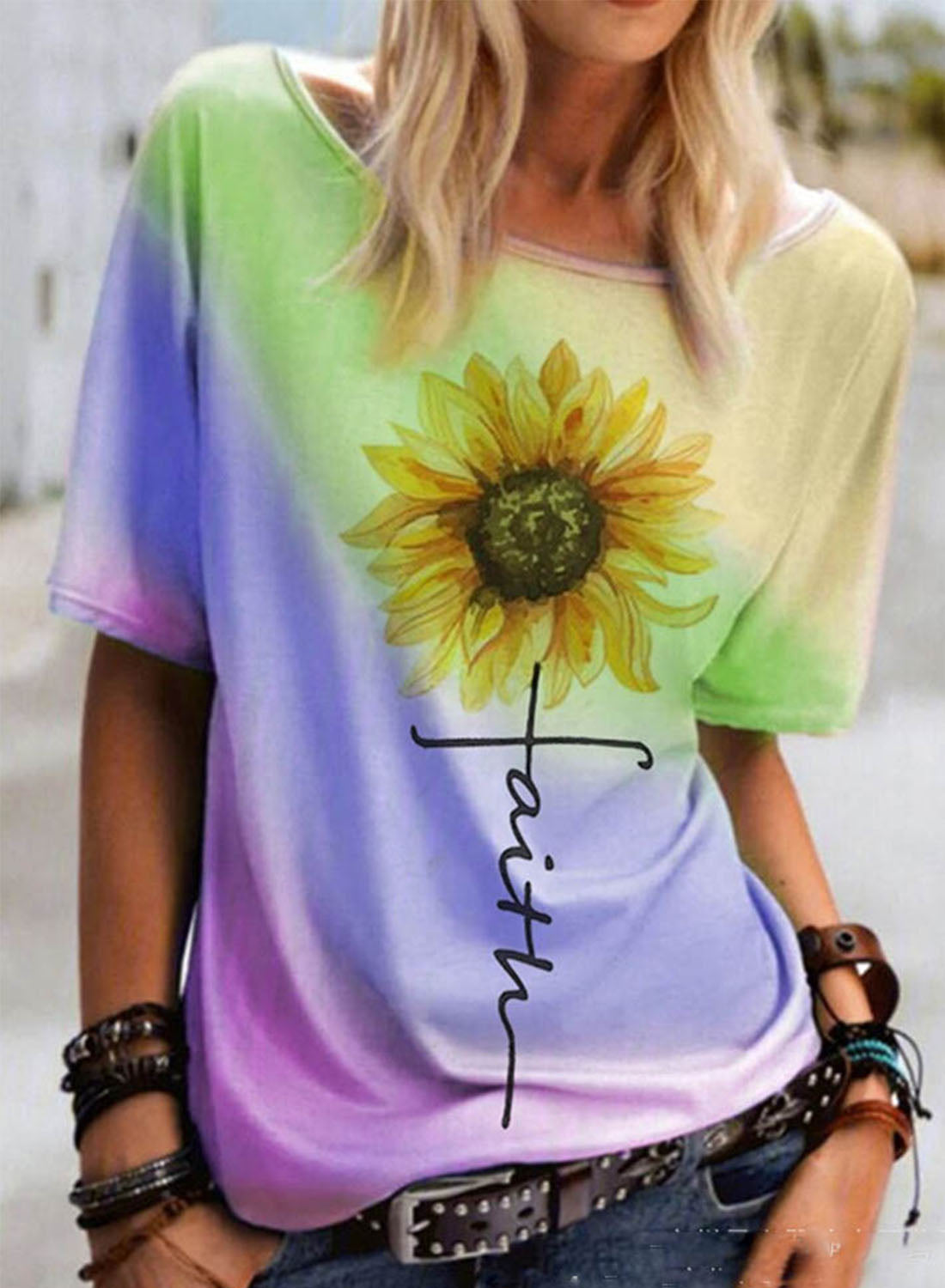 Yellow Women's T-shirts Sunflower Print Gradient T-shirt LC2526473-7