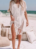 White Women's Cover Ups Knitted Fringe Tied Cutout Cover Up LC42809-1