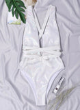 White Women's Swimsuits Backless Cross Tied Plunge 1 Piece Swimsuit LC441461-1
