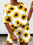 Women's Loungewear Sets Sunflower Print Top & Elastic Waist Shorts Two-Piece Set