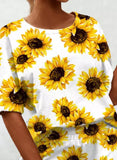 White Women's Loungewear Sets Sunflower Print Top & Elastic Waist Shorts Two-Piece Set LC4511645-1