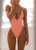 Pink Women's Swimsuits Side Cut Color Block Backless 1 Piece Swimsuit LC441615-10