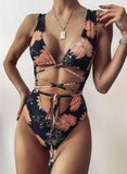 Women's Swimsuits Floral Strappy Belted Criss Cross One-piece Swimsuits