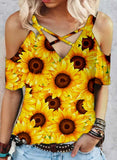 Yellow Women's T-shirts Sunflower Cold Shoulder T-shirts LC2526955-7