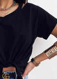 Black Women's T-shirts Solid Cold Shoulder Knot Front Cropped T-shirts LC2527168-2
