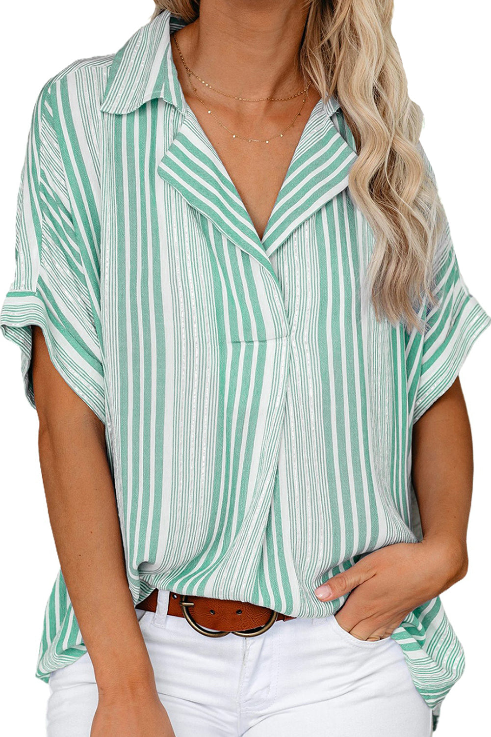 Green Red/Sky Blue/Green/Khaki Loose Button Back Striped Blouse LC255996-9