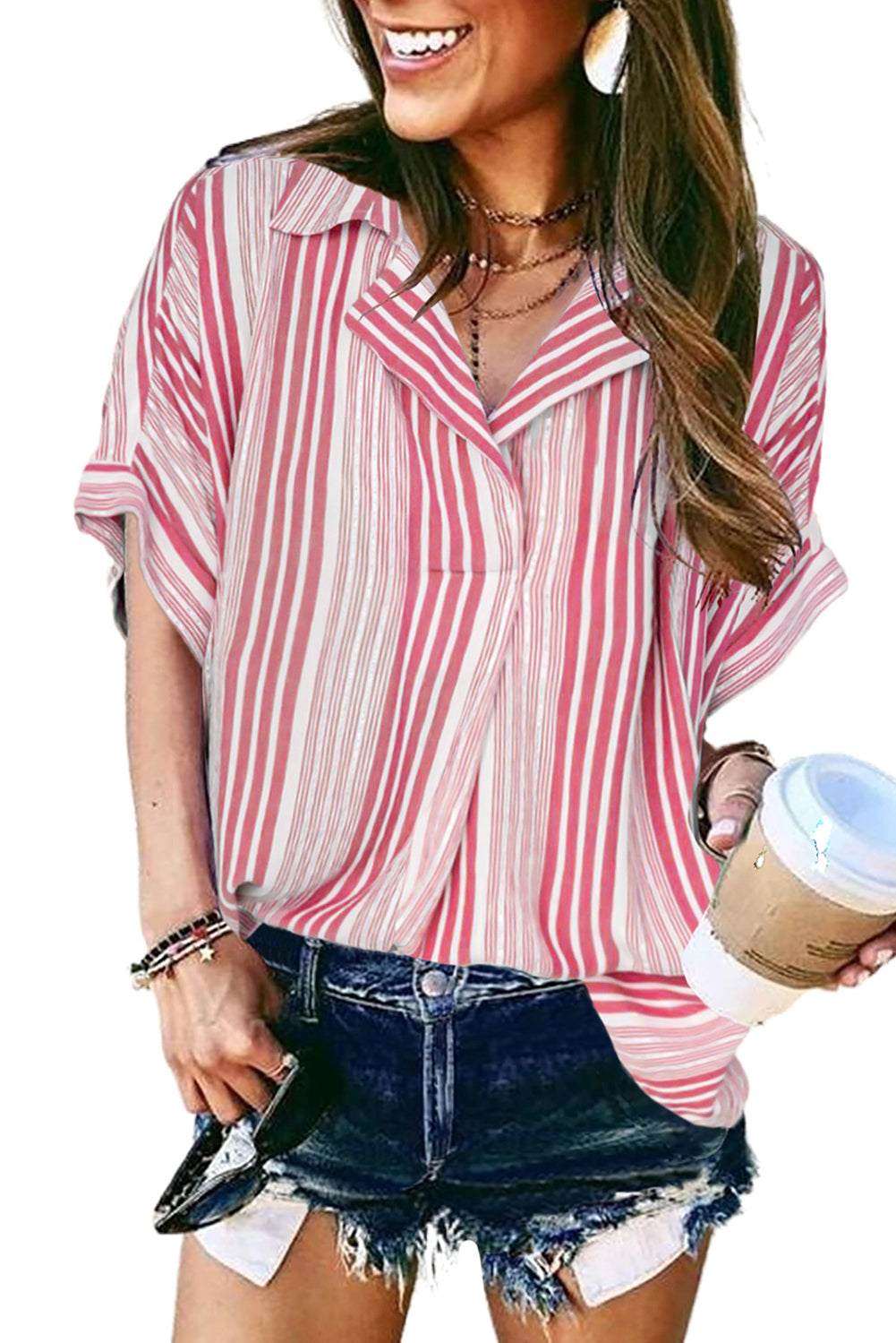 Red Red/Sky Blue/Green/Khaki Loose Button Back Striped Blouse LC255996-3