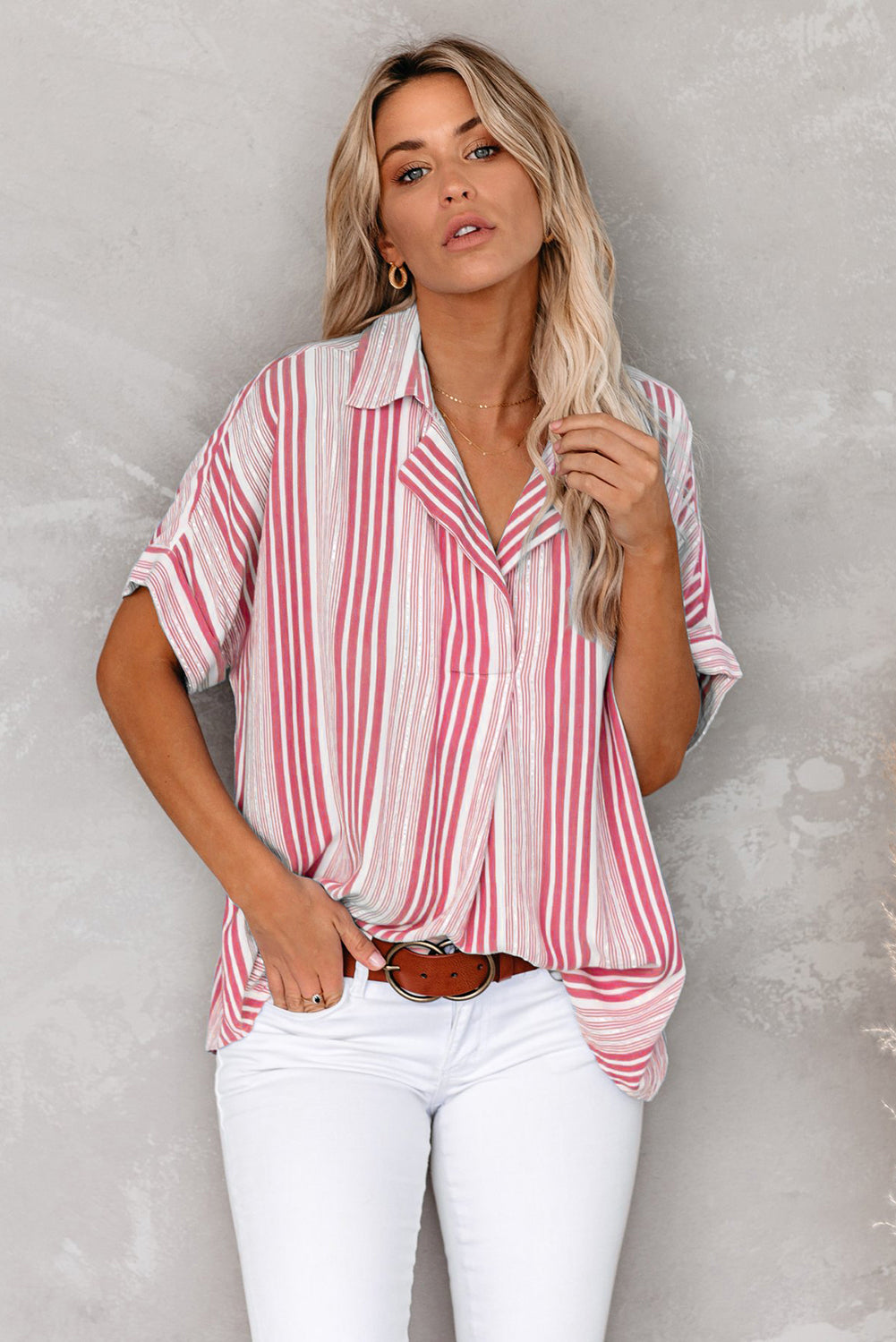 Red Red/Sky Blue/Green/Khaki Loose Button Back Striped Blouse LC255996-3