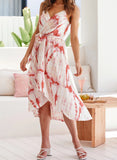 Red Women's Dress Floral Split Belt Cami Midi Dress LC615178-3