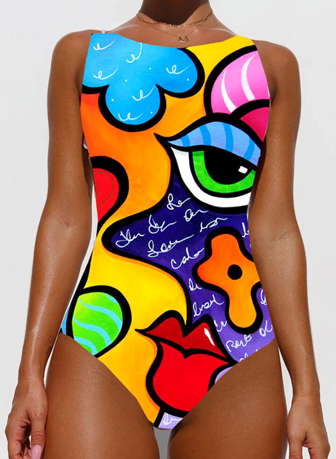 Blue Women's Swimsuits Abstract Graffiti Print 1 Piece Swimsuit LC441827-5