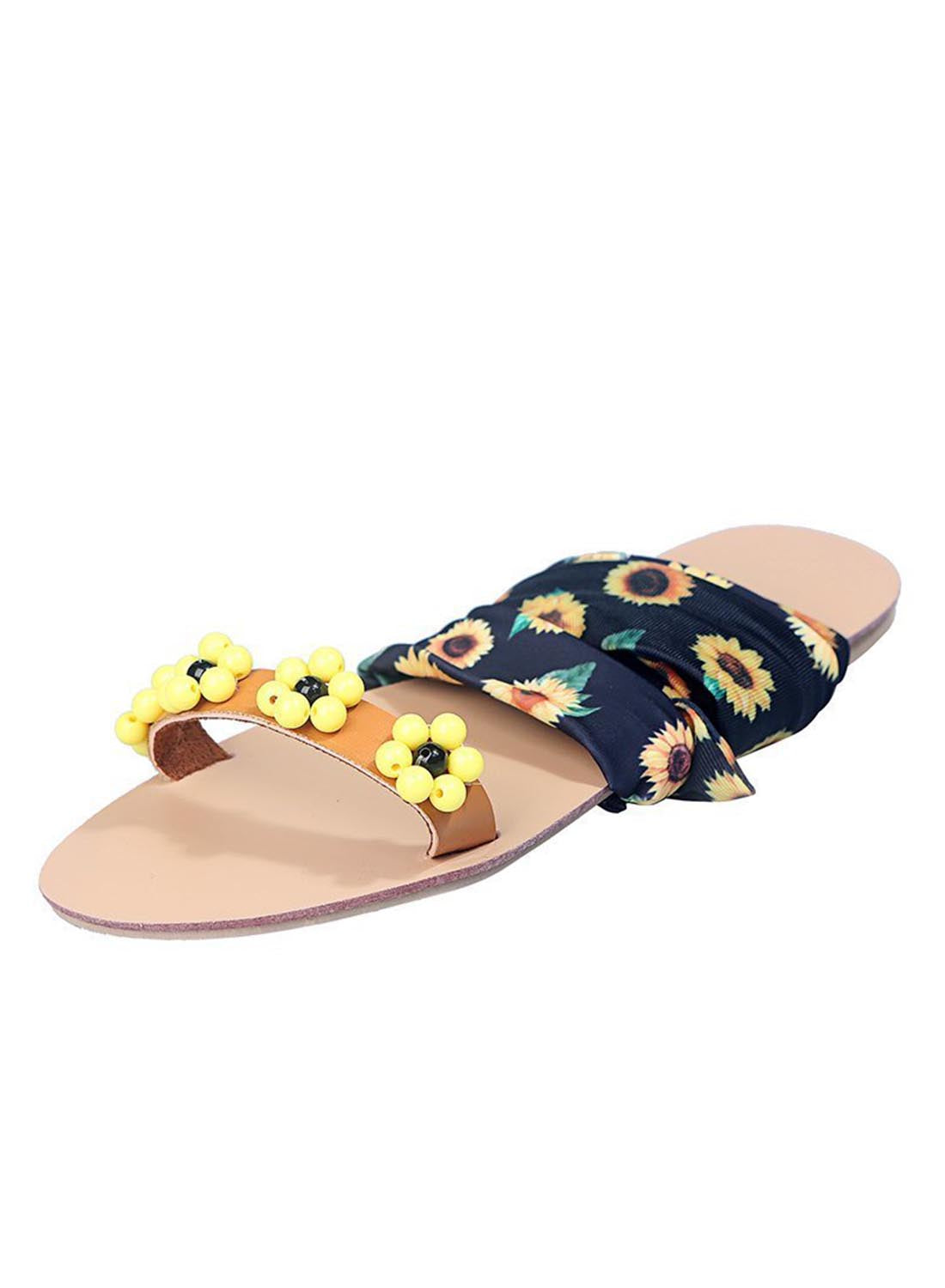 Black Women's Sandals Sunflower Print Cross Bow Tied Sandals LC121465-2