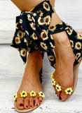 Black Women's Sandals Sunflower Print Cross Bow Tied Sandals LC121465-2