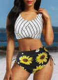 Women's Wrap Swimsuit Stripped Sunflower Print Bikini