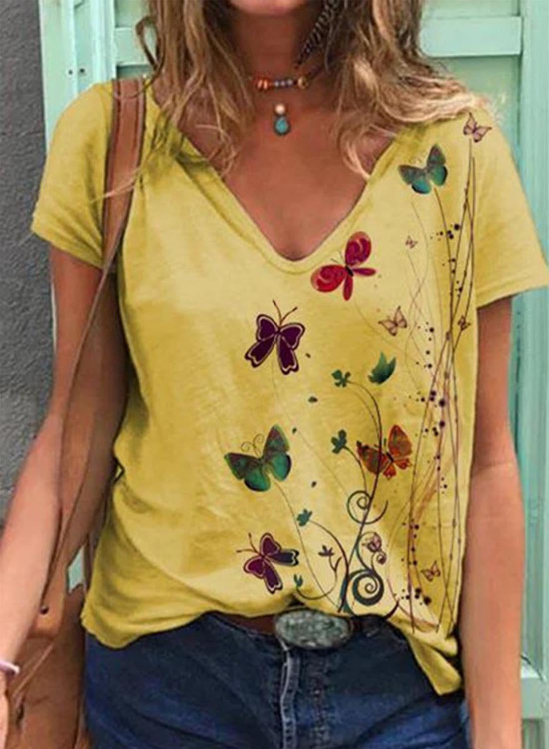 Yellow Women's T-shirts Butterfly Print T-shirt LC2527756-7