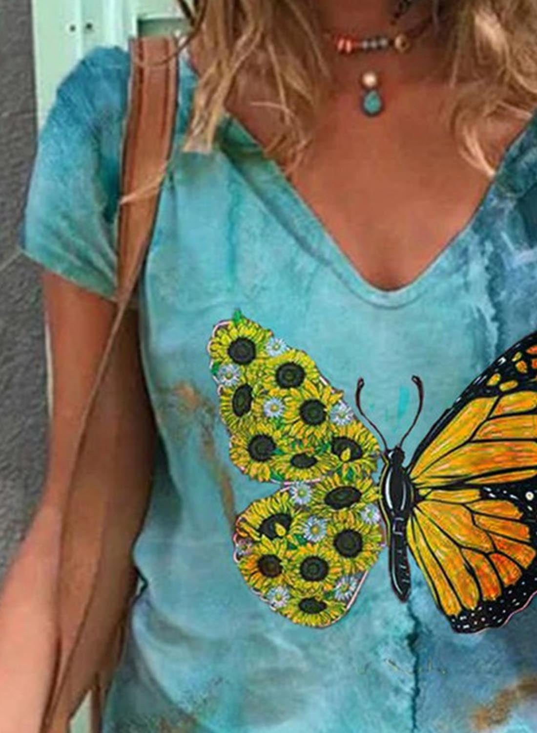 Blue Women's T-shirts Gradient Butterfly Print T-shirt LC2527757-5