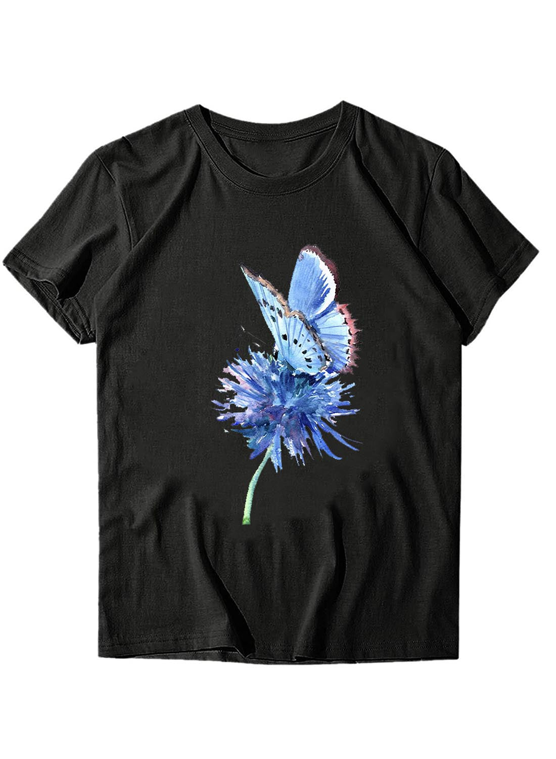 Black Women's T-shirts Dandelion & Butterfly Print T-shirt LC2527758-2