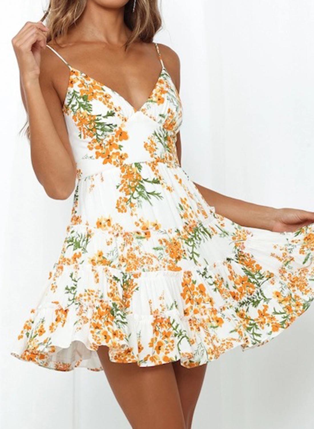 White Women's Dresses Floral Ruffled Hem Cami Mini Dress LC227161-1