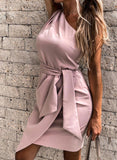 Pink Women's Dresses Belted One Shoulder Mini Dress LC227112-10