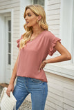 Pink White/Black/Green/Pink V Neck Ruffle Short Sleeve T-shirt LC2522637-10