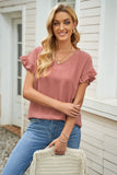 Pink White/Black/Green/Pink V Neck Ruffle Short Sleeve T-shirt LC2522637-10