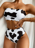 White Women's Bikinis Cow Print Strapless Bandeau Bikini LC432500-1