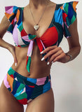 Bikini con cravatta sul davanti con stampa geometrica vintage