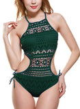 Green Women's Swimsuits Lace Open-back One Piece Swimsuit LC442270-9
