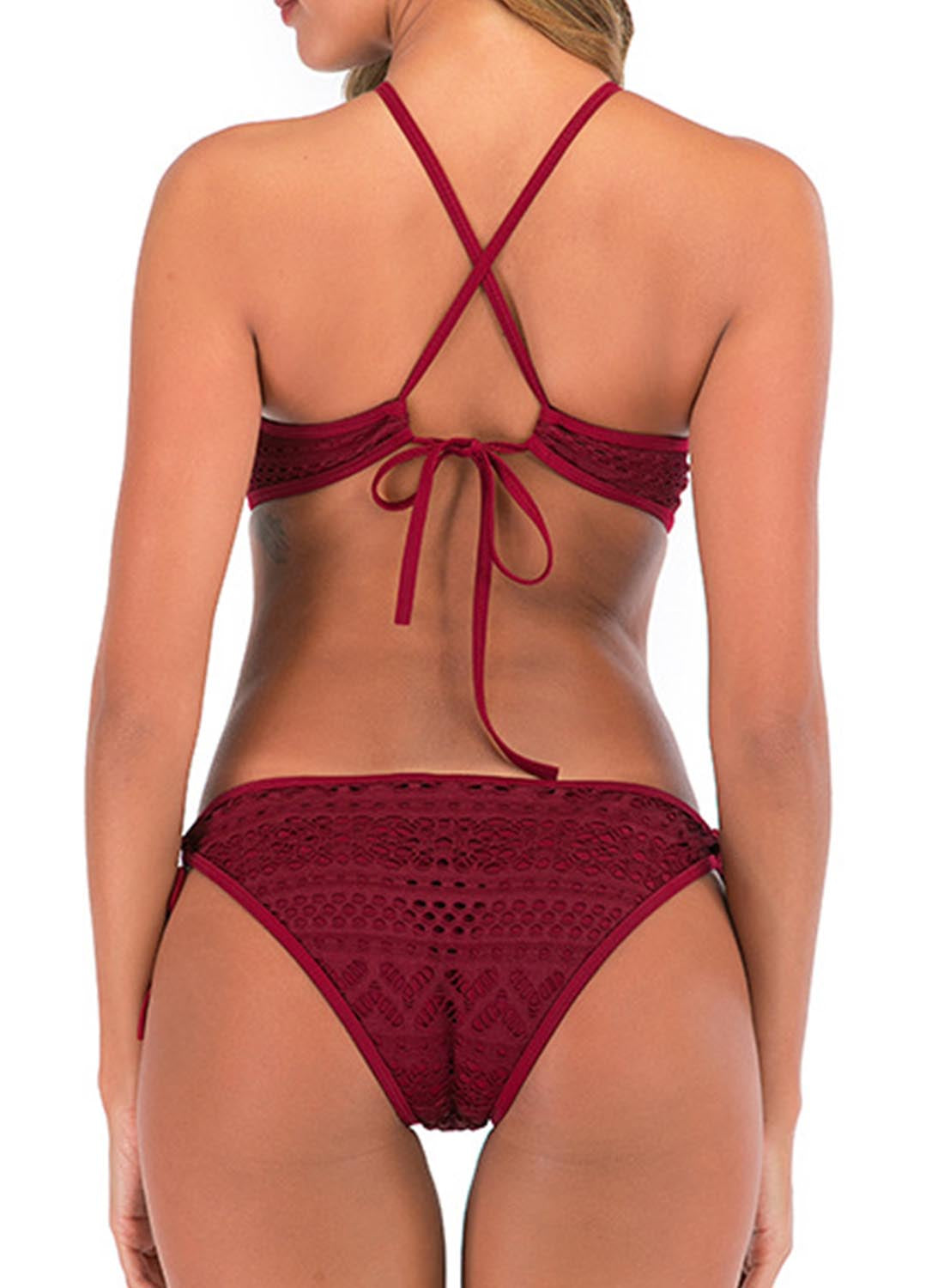 Red Women's Swimsuits Lace Open-back One Piece Swimsuit LC442270-3