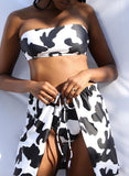 Women's Cow Print 3 Piece Bathing Suit With Skirt