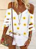 White Women's T-shirts Sunflower Print Cami Cold Shoulder T-shirt LC2528265-1
