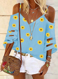 Sky Blue Women's T-shirts Sunflower Print Cami Cold Shoulder T-shirt LC2528265-4