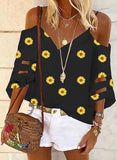 Black Women's T-shirts Sunflower Print Cami Cold Shoulder T-shirt LC2528265-2